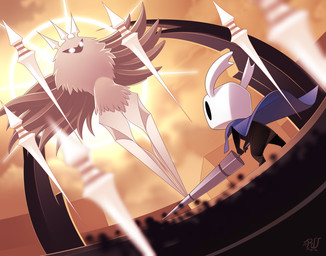 ambiguous_gender anthro armless black_body black_eyes detailed_background duo empty_eyes featureless_feet feet fur glowing glowing_eyes melee_weapon mouthless shadowed_eyes weapon white_body white_eyes white_fur rudragon hollow_knight_(franchise) team_cherry radiance_(hollow_knight) the_knight_(hollow_knight) void_(hollow_knight) arthropod insect lepidopteran moth vessel_(species) 2017