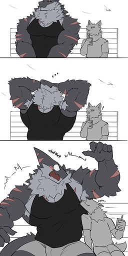 5_fingers :3 ^_^ anthro arm_scar armpit_sniffing bench big_muscles black_clothing black_shirt black_tank_top black_topwear blush bottomwear chest_scar claws clothed clothed_anthro clothed_male clothing container countershade_face countershade_fur countershade_neck countershade_torso countershading cup drinking drinking_straw duo exclamation_point eye_scar eyes_closed facial_scar fin fin_scar finger_claws fingers flesh_fang fully_clothed fully_clothed_anthro fully_clothed_male fur furrowed_brow grey_body grey_bottomwear grey_clothing grey_countershading grey_fur grey_shorts hands_behind_head hands_behind_own_head holding_container holding_cup holding_object male motion_lines muscular muscular_anthro muscular_male on_bench onomatopoeia open_mouth patreon_logo patreon_username scar shirt shorts simple_background simple_eyes sitting sitting_on_bench sleeping smile sniffing sound_effects tank_top text topwear vowelless vowelless_sound_effect white_background white_eyes zzz wolfblack43 patreon canid canine canis fish furred_shark mammal marine shark wolf 2025 absurd_res artist_name comic digital_drawing_(artwork) digital_media_(artwork) english_text hi_res pictographics