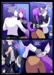 2014 anthro backsack balls bottomless brown_balls butt canid canine canis clothed clothing comic deckland_(tokifuji) dialogue english_text equid equine fur gavin_(tokifuji) genitals girly group hair horse inside long_hair low-angle_view lube male mammal mustelid musteline purple_hair reggie_(tokifuji) student text tokifuji true_musteline url weasel wide_hips wolf