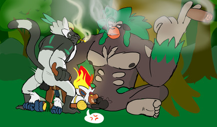 anal anal_penetration annoyed anthro anthro_on_anthro anthro_penetrated anthro_penetrating anthro_penetrating_anthro balls barefoot black_penis bodily_fluids butt cigar cum cum_in_ass cum_in_mouth cum_inside drugs feet fellatio fire flaming_hair foreskin forest genital_fluids genitals group group_sex humanoid_feet humiliation male male/male male_penetrated male_penetrating male_penetrating_male marijuana muscular muscular_male nipples oral pecs penetration penile penis plant plantigrade prehensile_feet pseudo_hair sex size_difference smoke smoking spitroast threesome toes tree trio kinkykeroro nintendo pokemon ape generation_4_pokemon generation_7_pokemon generation_8_pokemon gorilla haplorhine infernape lemur mammal monkey passimian pokemon_(species) primate rillaboom strepsirrhine hi_res