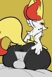 anthro anus balls barely_visible_anus bed big_butt bulge bulge_from_behind butt clothing furniture genitals hand_on_butt ineffective_clothing looking_at_viewer looking_back male on_bed panties seductive simple_background sitting sitting_on_bed solo spread_butt spreading tail underwear pirpole_haze nintendo pokemon braixen generation_6_pokemon pokemon_(species) hi_res