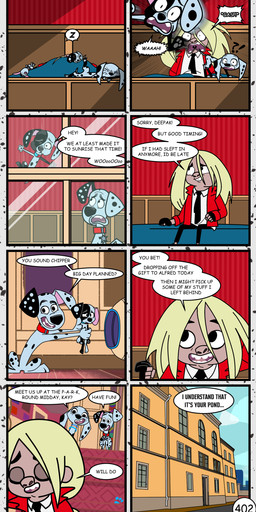 black_spots feral fur speech_bubble spots white_body white_fur redundantmodule 101_dalmatian_street 101_dalmatians disney deepak_(101_dalmatians) dolly_(101_dalmatians) dylan_(101_dalmatians) hunter_de_vil canid canine canis dalmatian domestic_dog human mammal absurd_res comic hi_res