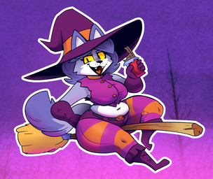 anthro belly big_breasts breasts broom broom_riding candy chocolate chocolate_bar cleaning_tool clothed clothing dessert female food hat headgear headwear looking_at_viewer magic_user navel overweight overweight_anthro overweight_female slightly_chubby solo witch witch_hat cloudidoodles roxanne_oxley canid canine fox mammal hi_res