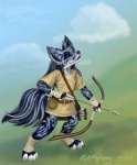 ambiguous_gender anthro archer arrow_(weapon) bow_(weapon) cloud grass holding_object holding_weapon plant quiver_(object) ranged_weapon shin_guards solo tail weapon kekpafrany world_tree_rpg canid canine canis domestic_dog herding_dog hungarian_mudi mammal pastoral_dog sheepdog 2012 colored digital_media_(artwork)