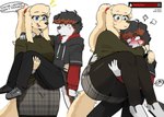 anthro blonde_hair blue_eyes blush bottomwear carrying_another carrying_partner clothing dialogue duo emanata eyewear female floppy_ears footwear front_view frown fur glasses hair hoodie larger_female leggings legwear lifted lifting male male/female meter pants pantyhose red_clothing red_shirt red_topwear round_glasses shirt shoes size_difference skirt smaller_male smile sneakers speech_bubble straining tan_body tan_fur text thick_thighs topwear 00niine liz_(00niine) nate_(00niine) canid canine canis domestic_dog mammal english_text