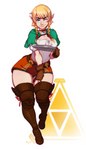 2019 4:7 blonde_hair blue_eyes boots bottomwear braided_hair breasts cleavage clothed clothing female footwear gloves hair handwear hi_res humanoid humanoid_pointy_ears hyrule_warriors legwear linkle looking_at_viewer maiz-ken nintendo nipple_outline not_furry one_eye_closed short_hair shorts side_braid smile smiling_at_viewer solo the_legend_of_zelda thick_thighs thigh_boots thigh_highs wide_hips wink