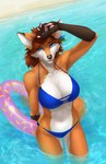 5_fingers anthro beach bikini blue_eyes breasts brown_hair clothed clothing day detailed_background dipstick_ears ear_markings eyebrows eyelashes female fingers fluffy fluffy_tail fur gloves_(marking) hair inflatable inner_tube leg_markings markings midriff multicolored_ears navel orange_body orange_fur outside partially_submerged sand seaside shoreline smile socks_(marking) solo standing_in_water swimwear tail two-piece_swimsuit water elvofirida samantha_(syronck01) canid canine fox mammal red_fox true_fox 2022 digital_media_(artwork) hi_res