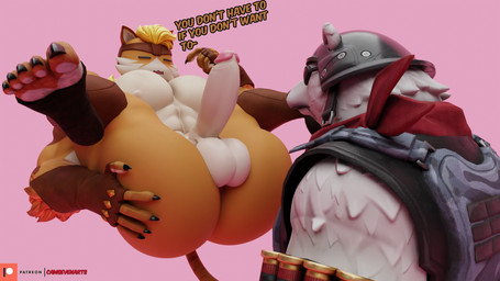 5_fingers 5_toes abs anthro armor balls big_butt blonde_hair brown_clothing brown_fingerless_gloves brown_footwear brown_gloves brown_handwear brown_headwear bulletproof_vest butt cheek_tuft claws clothing dialogue duo erection facial_tuft feet finger_claws fingerless_gloves fingers footwear fur fur_tuft furgonomic_helmet genitals glans gloves hair hand_on_butt hand_on_own_butt handwear headgear headwear helmet humanoid_genitalia humanoid_penis male multicolored_body multicolored_fur orange_body orange_fur patreon_logo pecs penis pink_background simple_background tail talking_to_another text toe_claws toes tuft white_body white_fur camseven epic_games fortnite patreon meowtooth polar_patroller bear domestic_cat felid feline felis mammal pantherine polar_bear tiger ursine 16:9 3d_(artwork) digital_media_(artwork) english_text hi_res widescreen