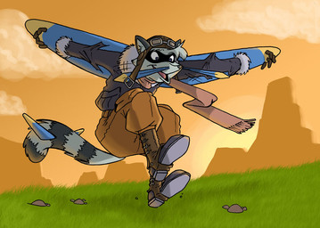 anthro boots bottomwear brown_boots brown_bottomwear brown_clothing brown_footwear brown_jacket brown_pants brown_scarf brown_topwear clothing eyewear eyewear_on_head flight_jacket footwear goggles goggles_on_head grass jacket landing male orange_sky pants plant scarf shoes sky solo topwear salmacisreptile fokker_(raccoon) mammal procyonid raccoon