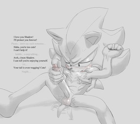 ambiguous_gender anthro balls big_penis blush bodily_fluids clothing dialogue disembodied_hand duo feet fist fluffy fluffy_chest foreskin genitals gloves hand_on_armpit hand_on_penis handjob handwear humanoid_hands long_penis male male/ambiguous nude_male penile penis playing_with_hair raised_arms secretly_loves_it sex sitting sitting_on_ground spread_legs spreading sweat sweatdrop tail tail_motion tailwag text uwan_(artist) sega sonic_the_hedgehog_(series) shadow_the_hedgehog eulipotyphlan hedgehog mammal 2023 digital_drawing_(artwork) digital_media_(artwork) english_text line_art restricted_palette