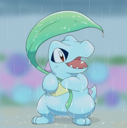3_toes ambiguous_gender anthro blue_body feet leaf open_mouth raining semi-anthro solo teeth toes tongue wet tatu_wani nintendo pokemon generation_2_pokemon pokemon_(species) scalie totodile 2018