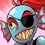 abstract_background ear_fins eye_patch eyewear fin hair ponytail red_hair sharp_teeth solo teeth cubewatermelon undertale undertale_(series) undyne animal_humanoid fish fish_humanoid humanoid marine marine_humanoid 1:1 bust_portrait icon low_res portrait