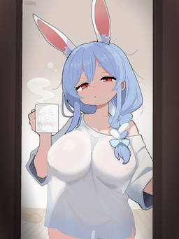 animal_ears beverage biped blue_hair braided_hair breasts clothed clothing container cup detailed_background eyelashes female footwear front_view hair holding_container holding_cup holding_object inside pupils red_eyes shoes slippers solo thick_thighs translucent translucent_clothing healerart pekomama animal_humanoid humanoid lagomorph lagomorph_humanoid leporid_humanoid mammal mammal_humanoid rabbit_humanoid 3:4 hi_res