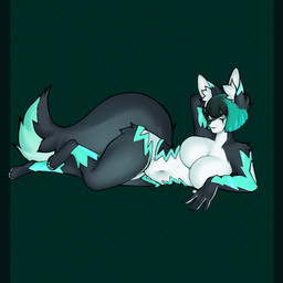anthro big_breasts black_body black_fur black_hair breasts female fox_ears fox_tail fur green_body green_eyes green_fur green_hair green_lipstick hair lipstick lying makeup multicolored_body multicolored_fur multicolored_hair navel nude nude_anthro nude_female on_side pose solo white_body white_fur dawgzilla vivian_(vyrissvixy) arctic_fox canid canine fox mammal true_fox 1:1 hi_res pinup