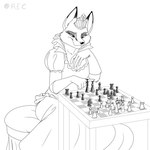 anthro chess clothed clothing crown dress female furniture headgear queen royalty sitting smile smirk solo stool table video_recording foxenawolf nakhta canid canine fox mammal 1:1 greyscale monochrome