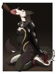 bdsm_gear black_body black_fur bodysuit clothing duo feet fingers fur kneeling male one-piece_swimsuit orange_eyes skinsuit swimwear tail tight_clothing toes accelo balthazar_(thorphax) sergal 2020 digital_media_(artwork) hi_res