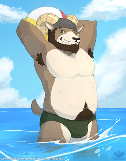 anthro armpit_hair beard belly big_belly body_hair bottomwear brown_body bulge chest_hair clothing facial_hair fur hair hat headgear headwear horn looking_at_viewer male male/male muscular muscular_anthro muscular_male navel outside overweight overweight_male pecs sea smile solo tail thick_thighs water white_body white_fur heronin868 echo_(game) echo_(series) echo_project carl_hendricks bovid caprine mammal sheep absurd_res hi_res