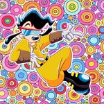 abstract_background anthro belt clothing cosplay eyewear glasses gloves handwear male solo kappei_yamaguchi disney goof_troop max_goof powerline_(goof_troop) canid canine canis domestic_dog mammal 1:1 hi_res