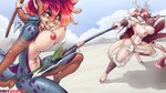 anthro antlers battle big_breasts bottomwear bouncing_breasts breasts cloak clothing duo female fighting_pose green_eyes hair horn jewelry loincloth melee_weapon muscular nipples polearm ponytail pose red_hair spear tribal tribal_clothing tribal_jewelry weapon hotbento deer felid feline mammal 16:9 2021 widescreen