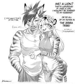 accessory anthro brainwashing bulge clothed clothing crossdressing crossdressing_male cuff_(restraint) digit_ring duo ear_piercing ear_ring femboy flower flower_in_hair fur hair hair_accessory hand_on_butt hypnosis jewelry looking_at_viewer male male/male mind_control piercing plant questionable_consent restraints ring ring_piercing shackles shirt skimpy striped_body striped_fur stripes tank_top text topwear wedding_ring wife koiyaroid femboy_lion_(koiyaroid) equid equine felid lion mammal pantherine zebra 2026 english_text greyscale monochrome