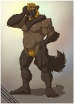 anthro biceps big_muscles blonde_hair blue_eyes border fur hair looking_at_viewer male muscular muscular_anthro muscular_male nipples nude pose scar solo white_border xantouke kuzuri gulonine mammal mustelid musteline wolverine