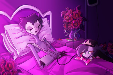 anthro beanie bed bedding black_clothing blanket bodily_fluids cast clothing crying detailed_background duo female flower fur furniture grey_body grey_fur grey_hair hair hat headgear headwear hospital hospital_bed long_hair looking_down male pillow pink_clothing pink_eyes plant short_hair sleeping star tears tired white_face akuma_nemui hellaverse helluva_boss octavia_(helluva_boss) stolas_(helluva_boss) avian bird owl owl_demon absurd_res hi_res daughter_(lore) father_(lore) father_and_child_(lore) father_and_daughter_(lore) parent_(lore) parent_and_child_(lore) parent_and_daughter_(lore)
