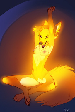 4_ears anthro areola barbell_piercing black_lips black_nose breasts dipstick_tail eyebrow_piercing facial_piercing female fur genitals gloves_(marking) glowing glowing_body glowing_fur leg_markings lips markings multi_ear navel nipples nude nude_female open_mouth piercing pink_areola pink_nipples socks_(marking) solo stretching tail tail_markings vulva whisker_spots yellow_body yellow_fur discreet_user mylar_(discreet_user) canid canine fox fyre_fox mammal 2021 hi_res