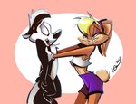 anthro bottomwear clothing duo female male male/female shorts sportswear juneduck21 looney_tunes warner_brothers lola_bunny pepe_le_pew lagomorph leporid mammal mephitid rabbit skunk