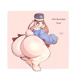 1:1 anthro big_butt buckteeth butt clothing emul_(shangri-la_frontier) female fur hat headgear headwear hi_res huge_butt lagomorph leporid lightmizano mammal rabbit red_eyes scut_tail shangri-la_frontier short_tail solo tail teeth thick_thighs vorpal_bunny white_body white_fur