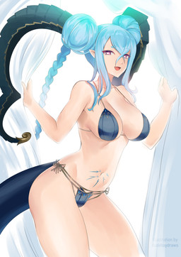 3_fingers arms_bent bangs belly belly_markings bikini black_horn blue_bikini blue_clothing blue_eyebrows blue_hair blue_markings blue_swimwear braided_hair breasts clothed clothed_female clothed_humanoid clothing eyebrow_through_hair eyebrows eyelashes eyelashes_through_hair female female_humanoid fingers fully_clothed fully_clothed_female fully_clothed_humanoid hair holding_curtain horn humanoid_pointy_ears light long_hair long_horn looking_at_viewer markings medium_breasts navel not_furry odango pink_eyes pointy_ears pupils red_tongue smile smiling_at_viewer solo swimwear tail text tongue translucent translucent_hair two-piece_swimsuit white_curtains white_pupils x_pupils duokhay fate_(series) type-moon tiamat_(fate) deity horned_humanoid humanoid tailed_humanoid 2025 absurd_res artist_name dated digital_drawing_(artwork) digital_media_(artwork) english_description hi_res lighting portrait shaded three-quarter_portrait