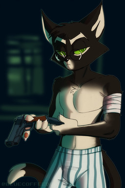 anthro bandage bandaged_arm black_body black_fur boxers_(clothing) boxers_only clothed clothing eyewear fur glasses green_eyes gun loading_gun male ranged_weapon shirtless_male simple_background solo topless underwear underwear_only weapon wearing_glasses white_body white_fur bluecoffeedog lackadaisy mordecai_heller domestic_cat felid feline felis mammal 2:3 hi_res