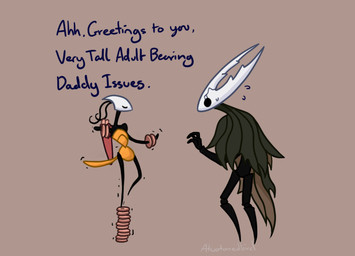 ambiguous_gender antennae_(anatomy) anthro arthropod_abdomen balancing_on_foot biped bodily_fluids cracked_skull dialogue duo female horn larger_ambiguous larger_anthro nervous nervous_sweat shaking simple_background size_difference smaller_anthro smaller_female sweat text atwotonedbird hollow_knight:_silksong hollow_knight_(franchise) team_cherry hollow_knight_(character) shakra_(hollow_knight:_silksong) arthropod insect vessel_(species) 2025 english_text