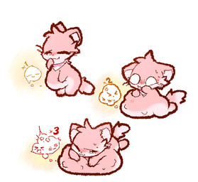 anthro belly big_belly female fur lying multiple_prey on_front pink_body pink_fur smile solo vore qwishiflavor qwishi_(qwishiflavor) domestic_cat felid feline felis mammal