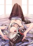 bed blush breasts clothing electronics female furniture hair hat headgear headphones headwear looking_at_viewer lying on_bed open_mouth red_eyes silver_hair smile solo window am1m arknights hypergryph studio_montagne frostleaf_(arknights) animal_humanoid canid canid_humanoid humanoid mammal mammal_humanoid 2019 hi_res