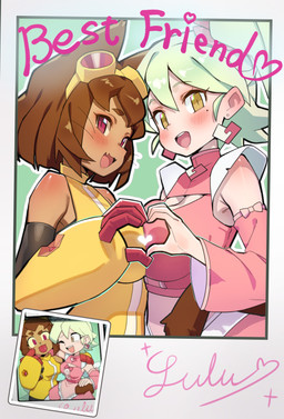 anthro breast_squish breasts breasts_frottage brown_body brown_eyes brown_hair clothing duo eyebrows eyelashes eyewear eyewear_on_head female gesture goggles goggles_on_head green_hair hair heart_gesture heart_symbol lulu_(gameoverse) red_eyes squish whiskers life_is_pi gameoverse glitch_productions kit_bodega domestic_cat felid feline felis human mammal 2026 hi_res