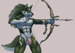 abs anthro anthrofied arrow_(weapon) balls blue_eyes bow_(weapon) casual_nudity ear_piercing ear_ring flaccid foreskin fur genitals humanoid_genitalia humanoid_penis male muscular muscular_anthro muscular_male nipples nude penis piercing ranged_weapon ring_piercing simple_background solo weapon sonicinmind nintendo the_legend_of_zelda link_(wolf_form) canid canine canis mammal wolf 2023 absurd_res hi_res