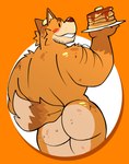 anthro back_groove broad_shoulders bubble_butt butt cocked_hip facial_hair food food_on_head fur holding_plate legs_together looking_at_viewer looking_back looking_back_at_viewer male muscular muscular_male nude nude_male orange_background orange_body orange_fur pancake pose presenting presenting_hindquarters rear_view simple_background smile smiling_at_viewer solo syrup janjauwu pancake_(janjauwu) canid canine fox mammal absurd_res hi_res orange_theme