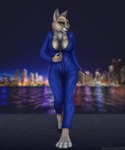 anthro breasts city cleavage clothed clothing female jumpsuit night overalls pose solo zipper rahir felid feline lynx mammal 5:6 digital_media_(artwork) hi_res