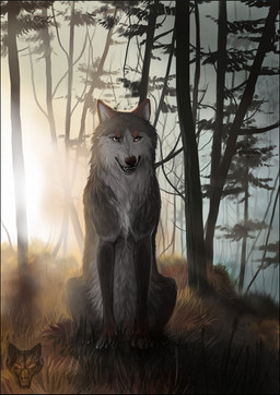 ambiguous_gender black_lips black_nose detailed_background feral forest grass lips paws plant quadruped sitting solo tree oneminutesketch canid canine canis mammal wolf 2015 digital_media_(artwork)