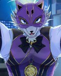 anthro blue_eyes clothing fancy_clothing first_person_view fur grey_body grey_fur jewelry kabedon male mask necklace pecs solo supervillain topwear vest tekkyuu_d lifewonders live_a_hero vulpecula canid canine fox mammal hi_res