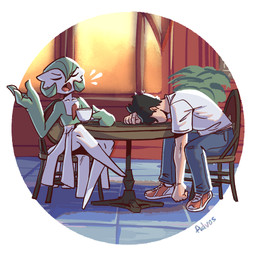 3_fingers 5_fingers ambiguous_gender biped black_hair bottomwear clothed clothed_human clothed_male clothing duo eyes_closed fingers footwear fully_clothed fully_clothed_human fully_clothed_male green_body hair male open_mouth pants shirt shoes sitting t-shirt tongue topwear white_body advos nintendo pokemon gardevoir generation_3_pokemon human humanoid mammal pokemon_(species) 1:1 2025 digital_drawing_(artwork) digital_media_(artwork)
