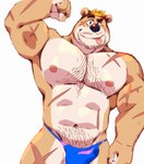 2021 abs anthro bear beard biceps big_muscles body_hair bulge chest_hair clothing detailed_bulge facial_hair flexing front_view genital_outline hair happy_trail hi_res looking_at_viewer male mammal muscular muscular_anthro muscular_male navel nipples pecs penis_outline pubes scar simple_background smile solo standing taoren thong tongue tongue_out underwear white_background