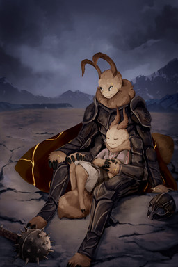 4_arms 5_fingers antennae_(anatomy) anthro armor arthropod_abdomen black_claws black_sclera brown_body brown_fur claws clothed clothing detailed_background duo fingers flesh_fang fur holding_another insect_wings kintsugi_(art) lepidopteran_wings morning_star_(weapon) mountain multi_arm multi_limb neck_tuft sitting sleeping smile striped_body striped_fur stripes tuft wings young tsunekitsune floof_(binaryfloof) arthropod insect lepidopteran moth 2:3 absurd_res hi_res huge_filesize