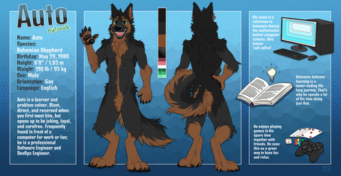 anthro biped black_body black_claws black_ears black_fur black_nose black_pawpads black_tail book brown_body brown_fur brown_inner_ear brown_inner_ear_fluff brown_tail butt cheek_tuft chest_tuft claws color_swatch computer computer_keyboard computer_mouse controller crotch_tuft digitigrade electronics facial_tuft fangs finger_claws front_view fur game_controller gesture glistening glistening_eyes glistening_nose gloves_(marking) green_eyes grey_body grey_fur grey_tail hand_on_hip head_tuft inner_ear_fluff leg_markings looking_at_viewer male markings monitor neck_tuft open_mouth pawpads pink_tongue playstation_controller rear_view socks_(marking) solo standing tail teeth text tongue tuft waving yookie playstation sony_corporation sony_interactive_entertainment bohemian_shepherd canid canine canis domestic_dog herding_dog mammal pastoral_dog english_text hi_res model_sheet signature