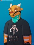 anthro clothing horn looking_at_viewer male mandalorian_insignia orange_body orange_skin shirt simple_background smile solo t-shirt teal_body teal_skin text text_on_clothing text_on_shirt text_on_topwear topwear prismanoodle_(artist) mythology draven_(dravendergen) dragon mythological_creature mythological_scalie scalie 2021 3:4 hi_res