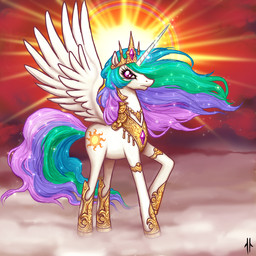 angry armor cloud crown cutie_mark detailed_background feathered_wings feathers female feral fog gem hair headgear horn jewelry multicolored_hair outside pink_eyes princess rainbow_hair royalty sky skyscape solo sparkles sun sunrise tail toony white_body white_feathers wings corpse_crow corpsecrow friendship_is_magic hasbro my_little_pony mythology princess_celestia_(mlp) equid equine mammal mythological_creature mythological_equine winged_unicorn 1:1 detailed