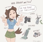 animal_ears blue_clothing blue_shirt blue_topwear bone_collar_tag bottomwear breasts brown_eyes brown_hair cleaning_tool clothed clothing collar collar_tag dialogue dog_ears double_v_sign drugs female floppy_ears fully_clothed gesture green_bottomwear green_clothing green_shorts gun hair hand_gesture handgun human_and_animal_ears lidded_eyes medium_breasts midriff multi_ear navel nitrous nitrous_oxide open_mouth pigtails pistol ranged_weapon shirt shorts simple_eyes solo speech_bubble standing tail talking_to_viewer text topwear v_sign vacuum_cleaner weapon hitsujigoods united_states_postal_service vhs_inumoto animal_humanoid canid canid_humanoid canine canine_humanoid dog_humanoid humanoid hybrid mammal mammal_humanoid tailed_humanoid artist_name english_text hi_res