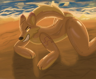 anthro beach bedroom_eyes detailed_background glistening glistening_body glowing glowing_eyes inflatable looking_at_viewer lying_on_ground male narrowed_eyes on_ground orange_body pool_toy sand seductive smug_face solo sunset tail water chilliad chilliad_(oc) animate_inanimate canid canine canis dingo living_inflatable living_pool_toy mammal hi_res