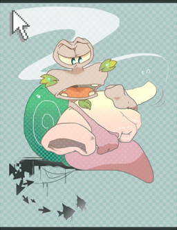 anthro clothing cursor disembodied_hand facial_hair gloves goatee green_shell handwear male mature_anthro mature_male open_mouth purple_body shell silhouette solo white_clothing white_gloves white_handwear y2k_(graphic_design) kouhakugohan kirby:_right_back_at_ya! kirby_(series) nintendo escargoon fish gastropod marine mollusk snail low_res