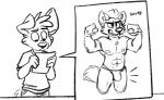 anthro black_and_white canid canine canis clothed clothing comic domestic_dog male mammal matt_riskely monochrome muscular muscular_male nipples simple_background skimpy thong tinydeerguy underwear white_background